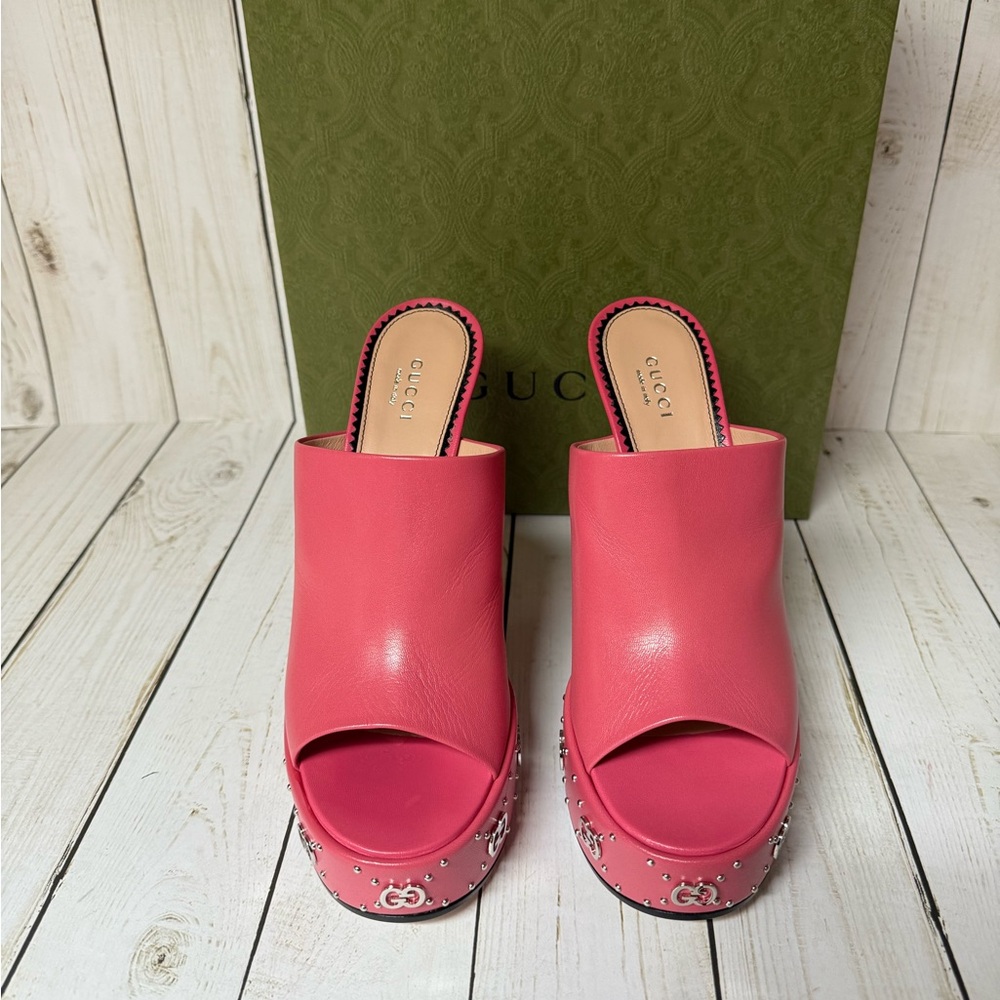 Gucci Malaga Kid Janaya Platform Leather Sandals Rhodamine Pink Sz 39.5 / 9.5 - Picture 5 of 16